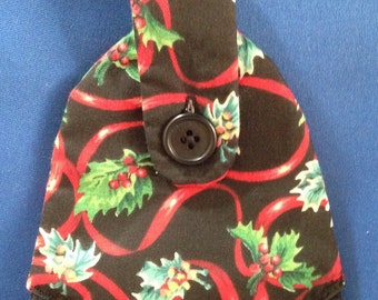 Christmas Hanging Hand Towel (Tea Towel) Black Towel with Christmas Holly and Ribbons Themed Fabric Top 22205