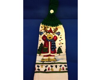 Christmas Hanging Hand Towel Reindeer in a Santa Suit with Green Crocheted Top 22046