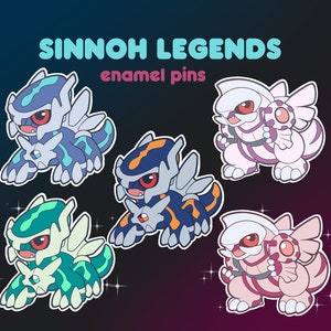 May include: Set of six enamel pins featuring the legendary Pokemon from the Sinnoh region. The pins are in various colors, including blue, green, pink, and white. The pins are all in a cartoon style and feature the Pokemon in a variety of poses.
