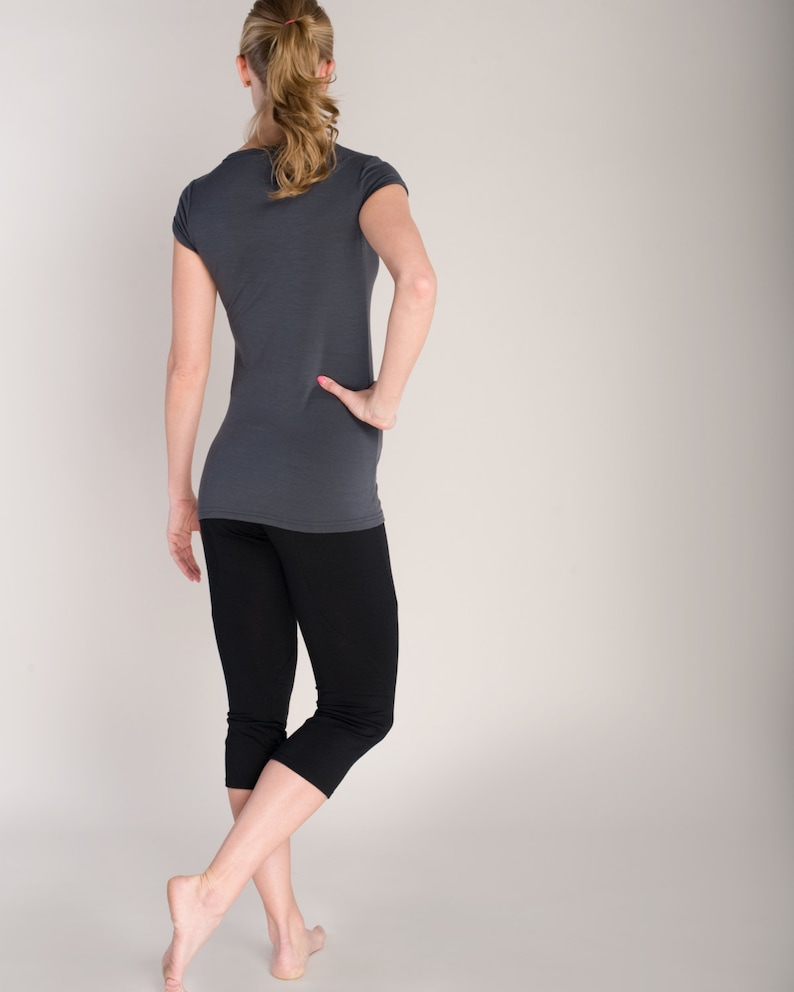 Womens Yoga Clothes Scoop Neck Short Sleeve Tshirt Merino Wool Jersey