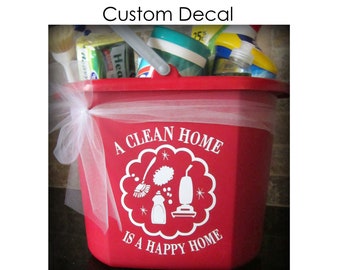 Retro Cleaning Bucket Label, A Clean Home is a Happy Home Label, Bucket Decal, Cleaning Supplies, Bridal Shower Gift, Cleaning Sign Decal