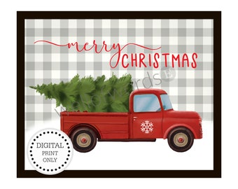Christmas Print, Christmas Tree, Farmhouse Christmas, Red Truck, Tree in Truck Printable, Vintage Digital Christmas Print, Fresh Cut Tree