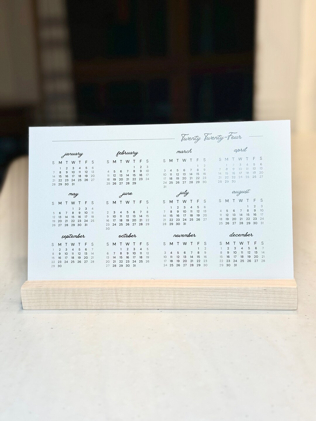 2024 Year at A Glance Desktop Calendar With Natural Wood Stand