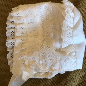 White vintage infant lace trim tie on bonnet FREE SHIPPING