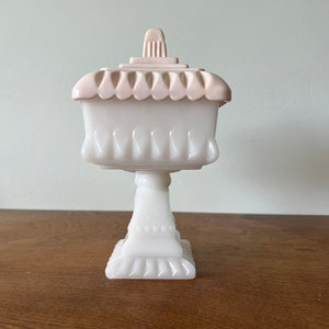 Vintage pink and white milk glass wedding box compote with lid