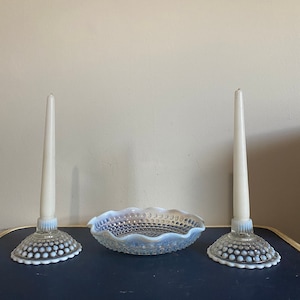 vintage Fenton opalescent hobnail bowl and candlestick centerpiece set