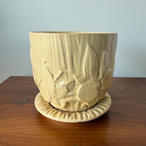 May include: A light yellow ceramic planter with a matching saucer. The planter has a textured surface with embossed floral designs. The saucer has a ridged edge. The planter is sitting on a wooden surface.