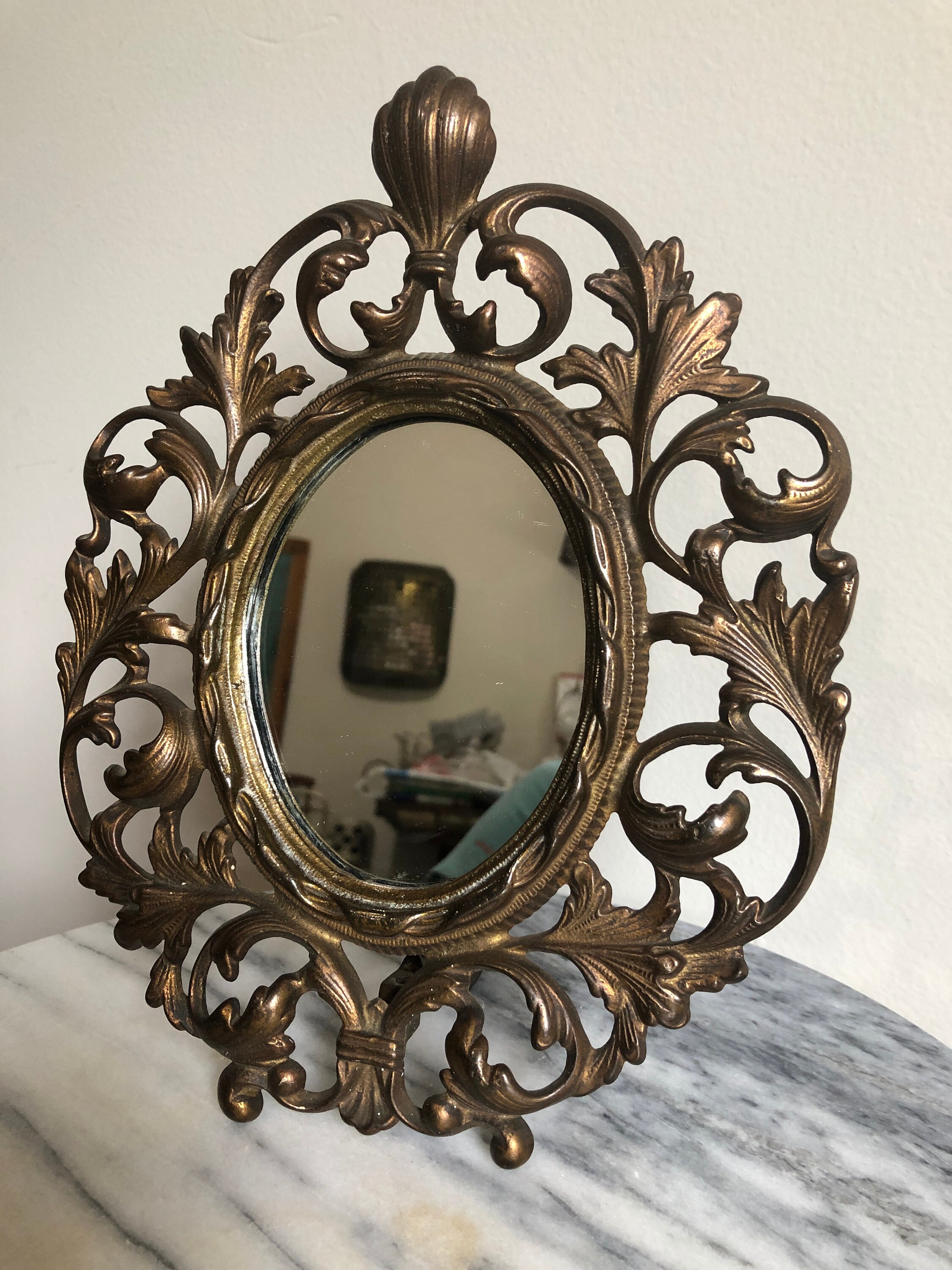 Heavy vintage brass ornate dresser mirror with stand Etsy