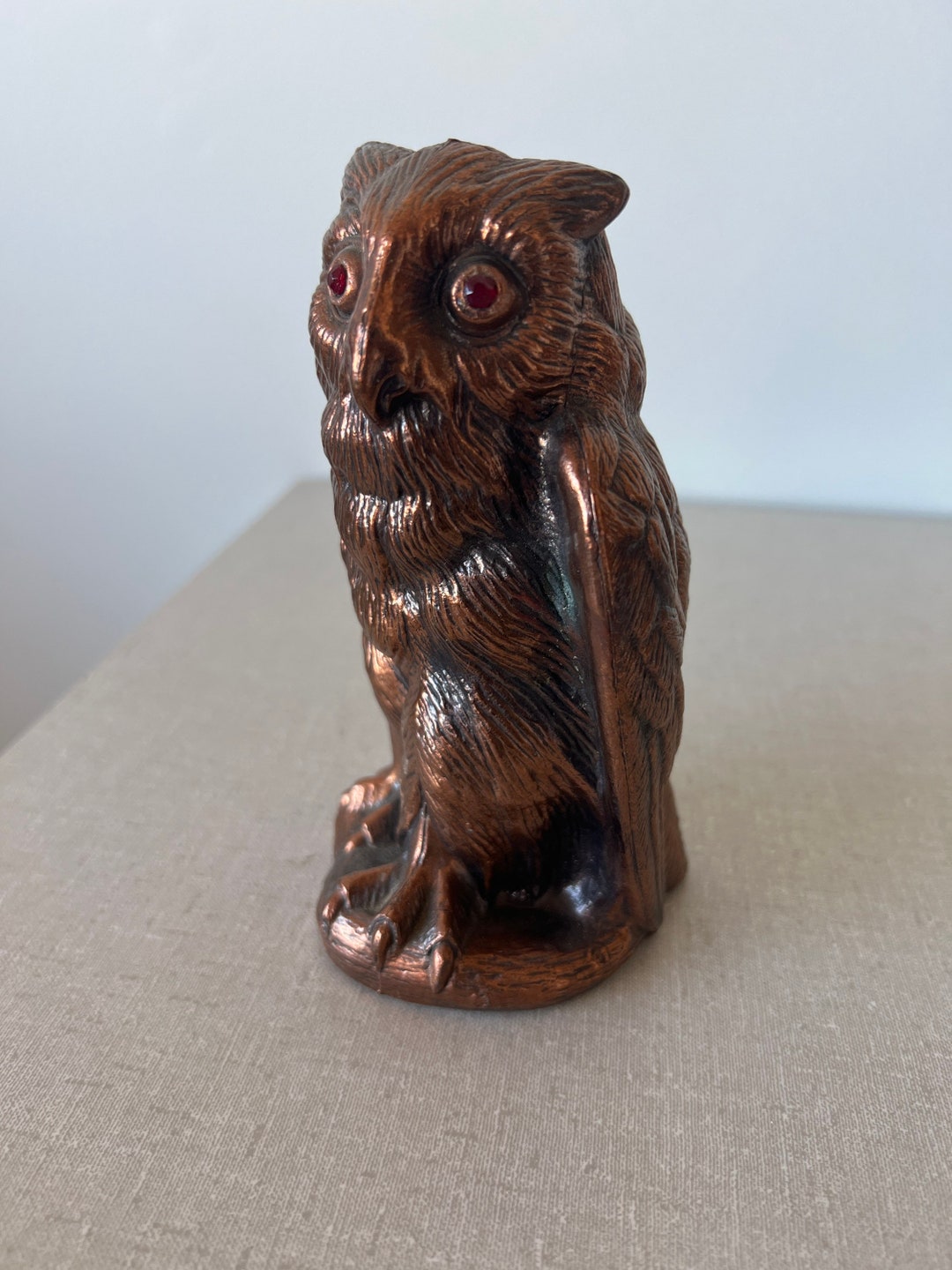 Vintage Metal Owl Bank Copper Colored With Red Rhinestone Eyes Etsy