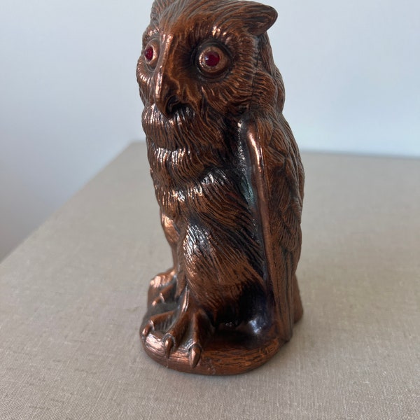 Vintage metal owl bank copper colored with red rhinestone eyes