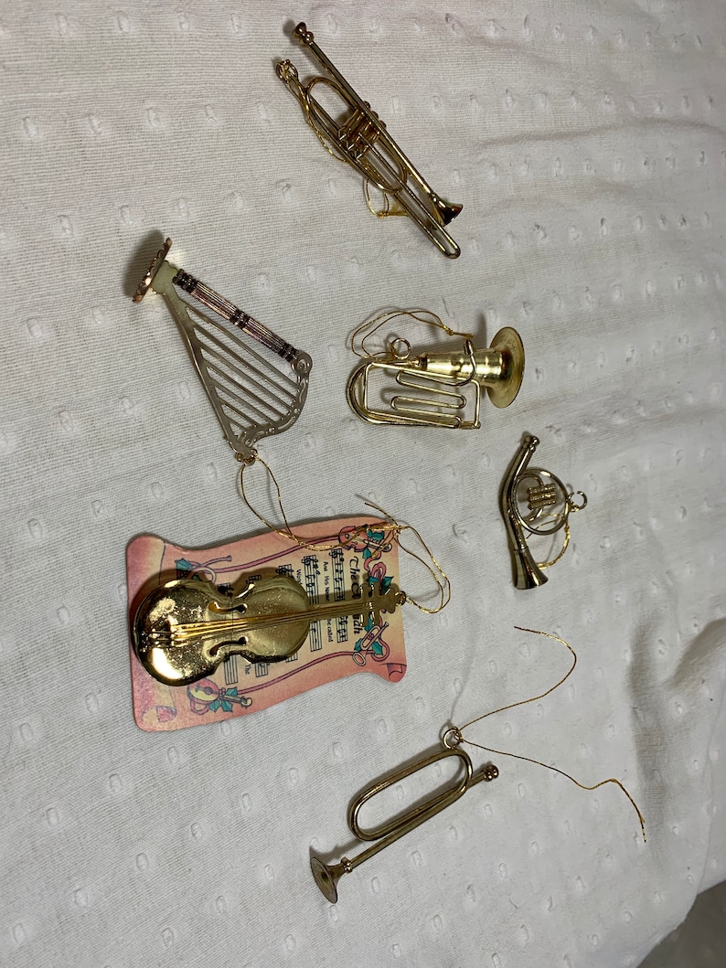 6 pc vintage gold tone metal musical instrument Christmas tree ornament set FREE SHIPPING
