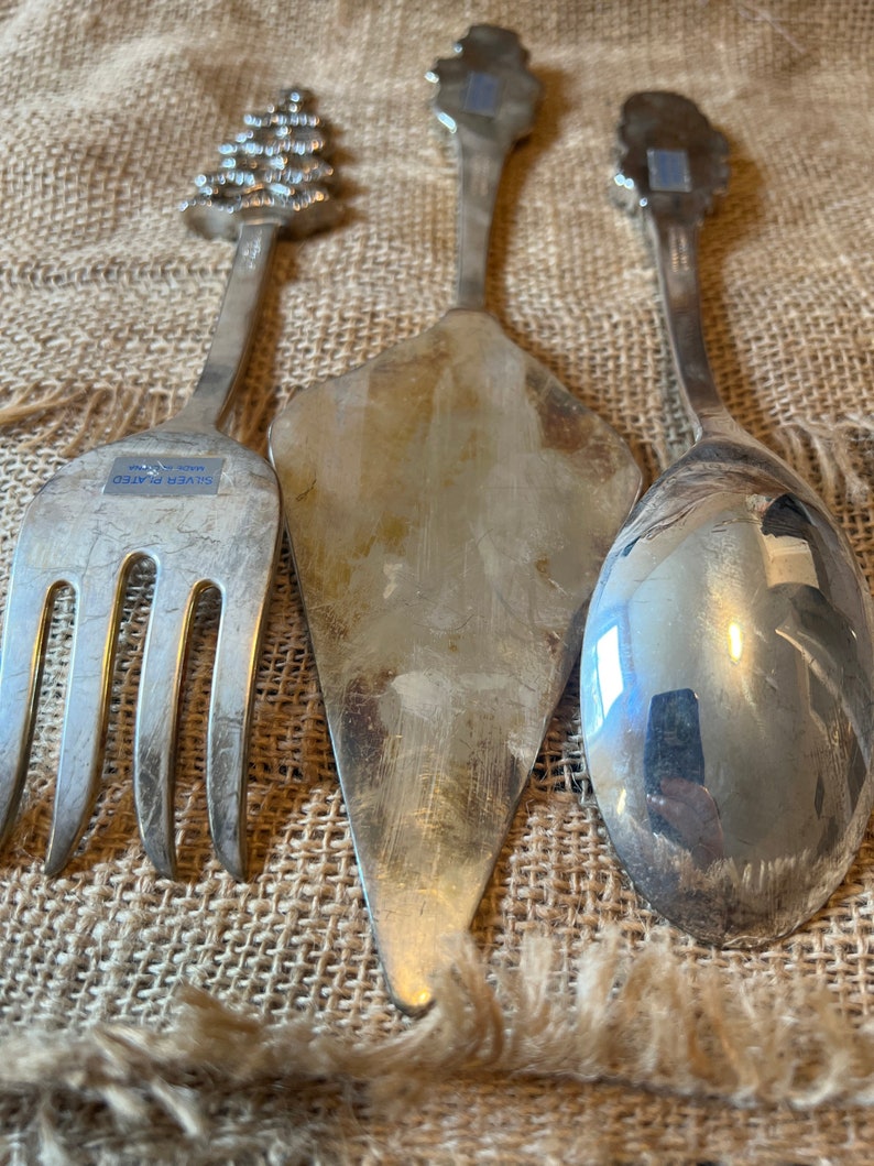 Set of 3 vintage silver plated Christmas serving utensils pie server fork spoon image 10