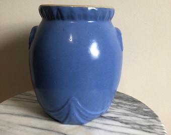 vintage blue stoneware crock vase or kitchen utensil holder