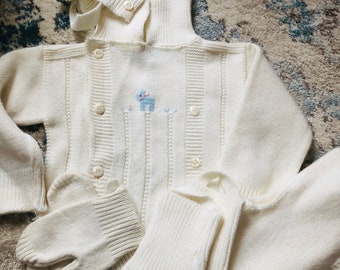 Vintage Knit Baby Set, Blue Bird Motif, 5 Piece