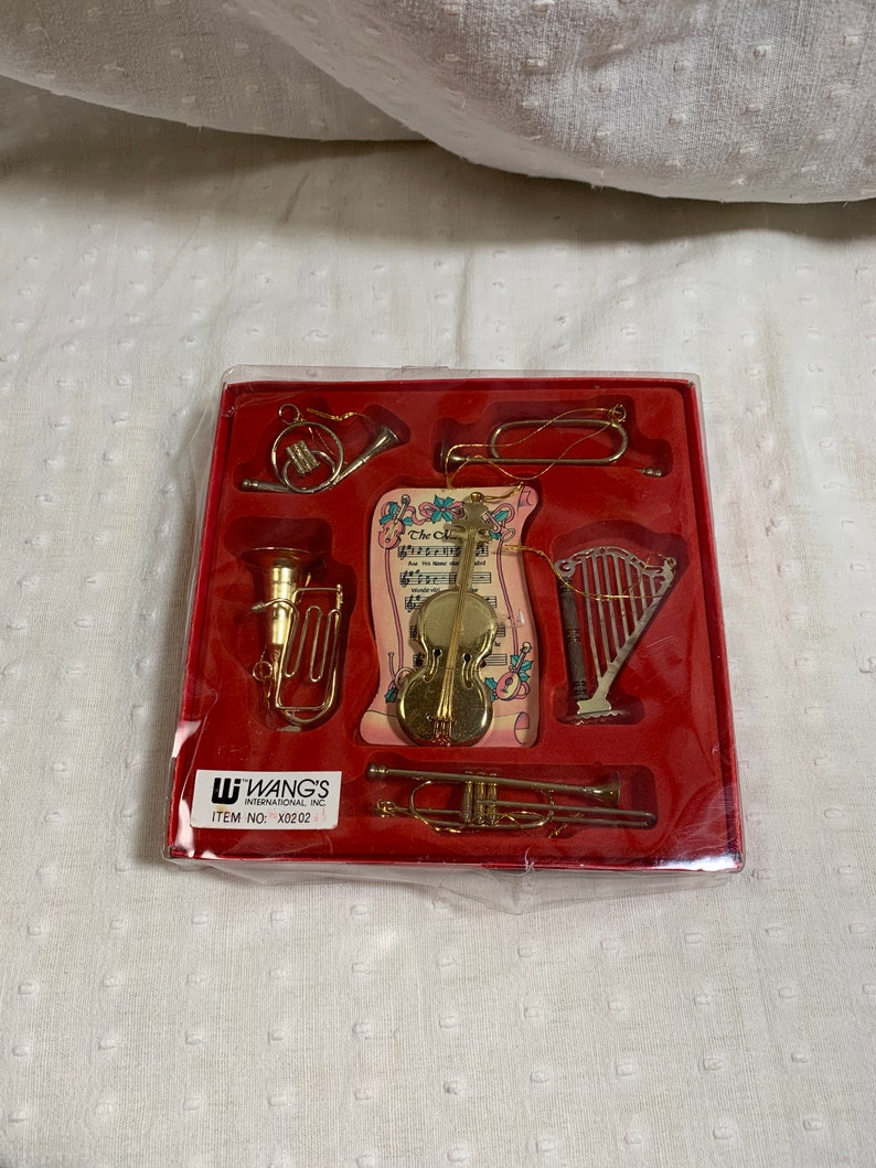 6 pc vintage gold tone metal musical instrument Christmas tree ornament set FREE SHIPPING