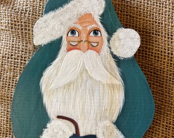 Vintage wood folk art Santa with a cat farmhouse rustic Christmas decor