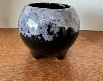 Vintage black ball with white drip glaze planter