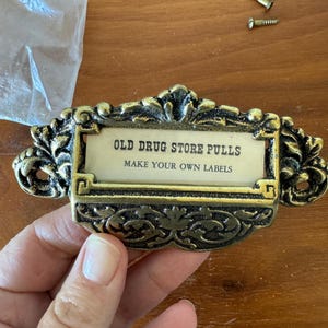 Vintage Solid Brass Drugstore Drawer Pull, Label Insert