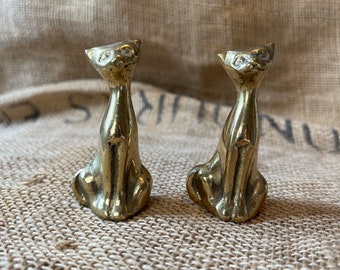 Small tall vintage brass cats tiny statue decor