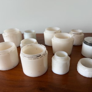 Lot of 11 foraged milk glass jars cosmetic jars