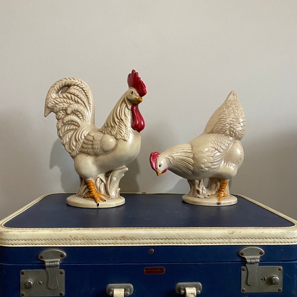 pair of vintage Royal Haeger almost life size chickens rooster and hen farmhouse decor