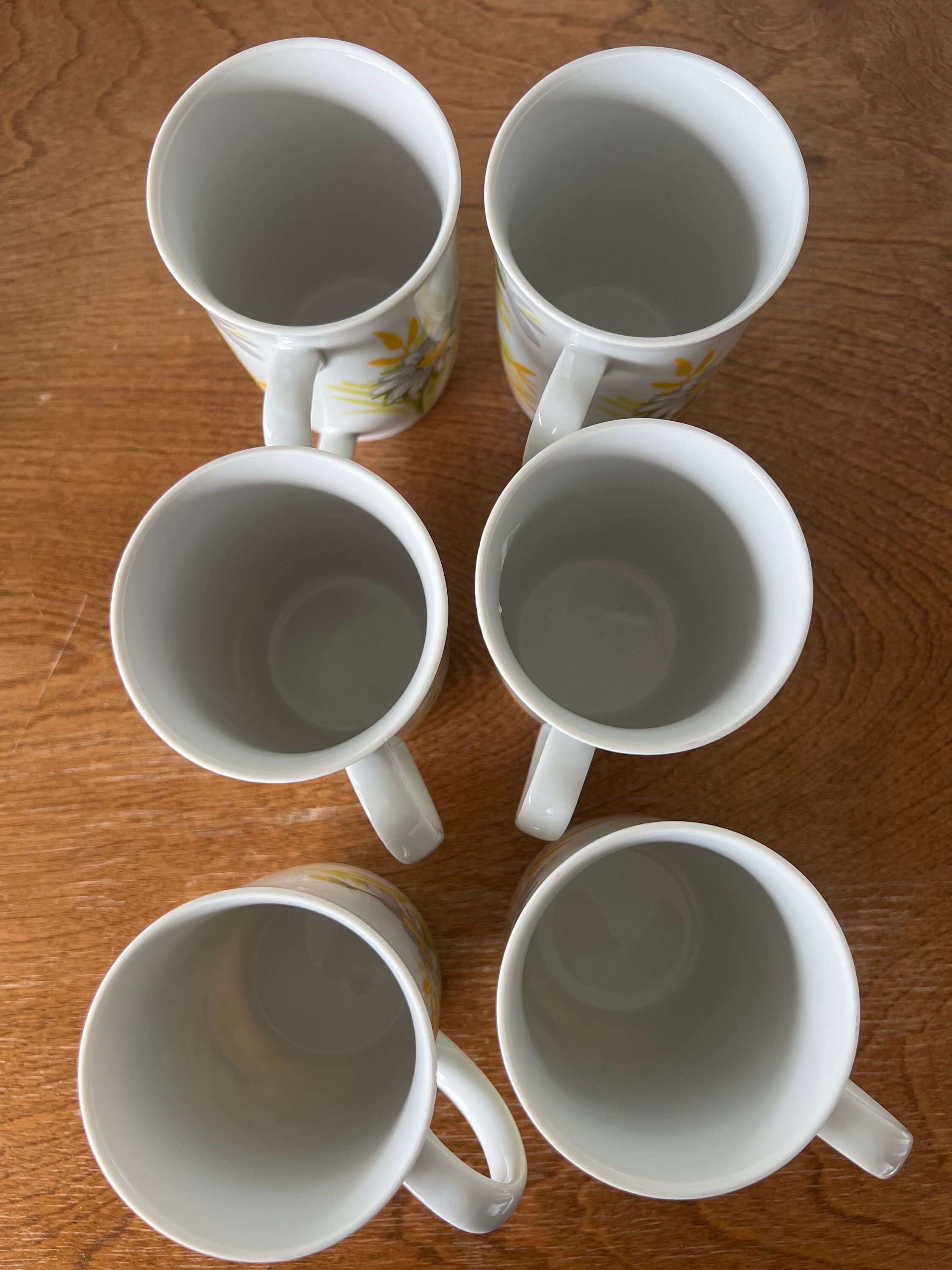 Fitz and Floyd vintage yellow green white and gray daisy mugs