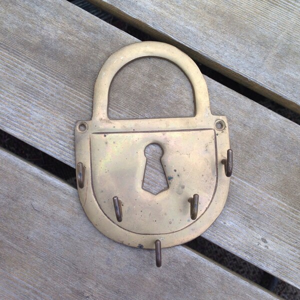 Vintage rustic brass pad lock wall mount key ring holder