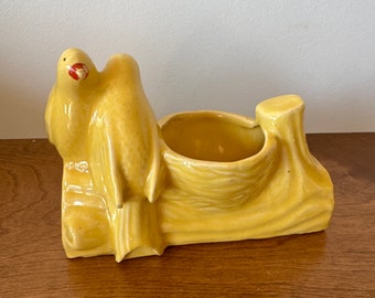 vintage yellow Brush bird planter love birds with nest