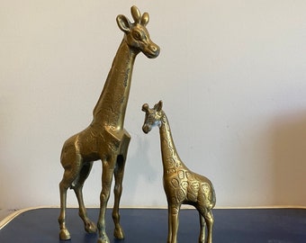 Vintage brass giraffe pair Mother and child or parent and baby statue