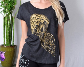 Jellyfish All-Seeing Eyeball Off the Shoulder Dolman Shirt - Vintage Black and Gold Psychedelic Jellyfish - Off the Shoulder