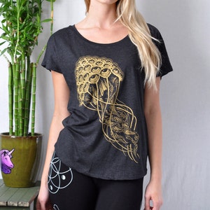 Jellyfish All-Seeing Eyeball Off the Shoulder Dolman Shirt - Vintage Black and Gold Psychedelic Jellyfish - Off the Shoulder