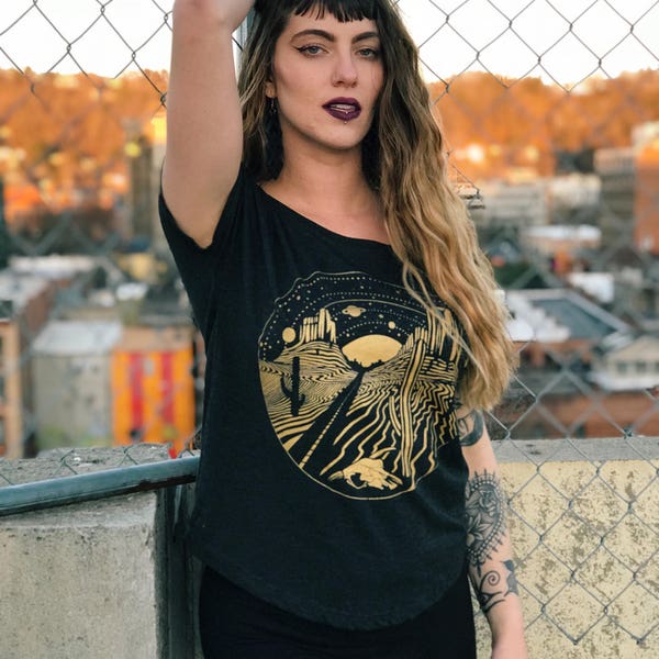 Dark Desert Highway Gold Off the Shoulder Wide Neck Dolman Tee