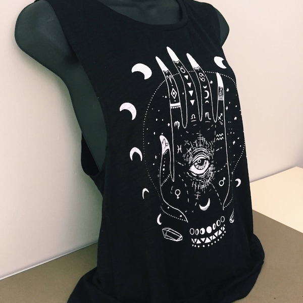 Divine Hand Muscle Tank - Moon Phase Astrology Symbol - Witchy Tank - Festival Clothing - Yoga Tank Top - Festival Tank Top - READY to SHIP