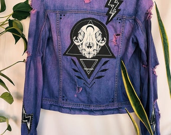 Hand Painted Purple Distressed Cat Skull Lightning Bolt Denim Jacket - Small