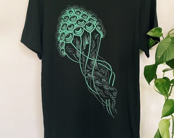 Glow in the Dark Fluorescent Psychedelic Jellyfish Cotton Tshirt