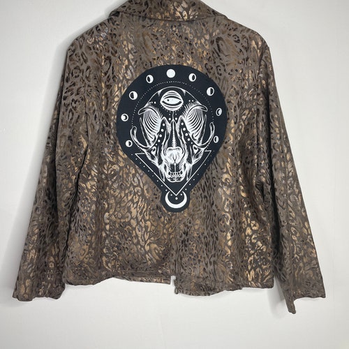 One of a shops Kind- Metallic Gold Animal Print Cat Skull Zip Up - Xlarge