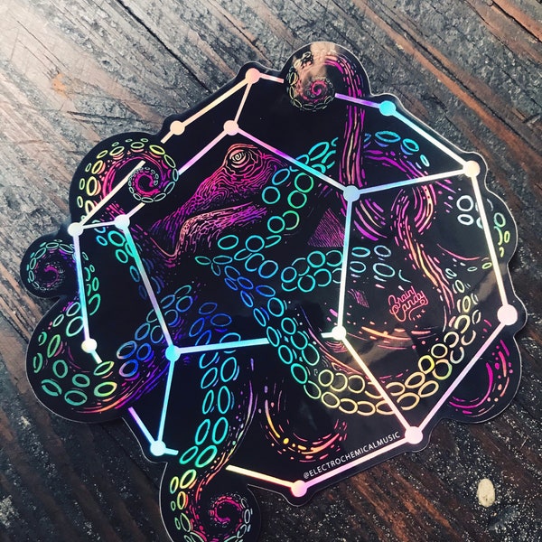 Holographic Octopus Sticker - Limited Edition Electrochemical Water Proof Extra Large 5.5” Vinyl sticker