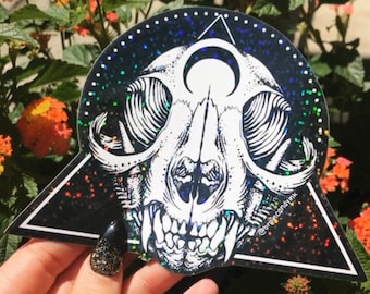 Cat Skull Limited Edition Holographic Black Glitter Sticker 5”