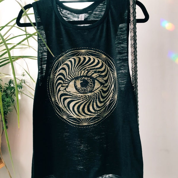 All Seeing Eye Sacred Geometry Muscle Tank - Black Gold Muscle Shirt - Festival Clothing - Yoga Workout Apparel