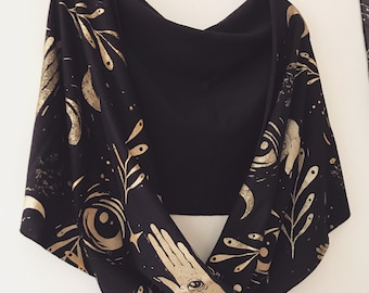 Moon Child Black and Gold Infinity Scarf - Convertible Festival Hood - Drapey shawl