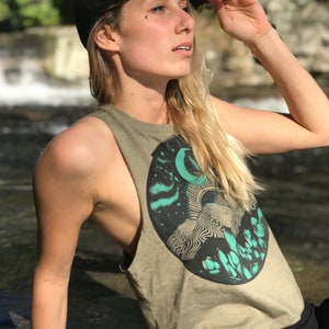 GLOW in the DARK Appalachia Racer Back Crop Top - Moss Green Cropped Tank with Mountain Screen Print