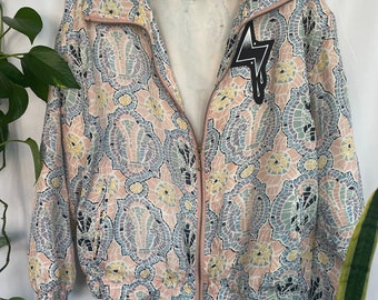 Silk Vintage Pastel Geometric Windbreaker with Hand painted Lightning Bolt Patch Large