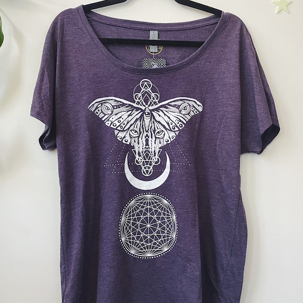 Sacred Moth Tee - Vintage Purple Charcoal Dolman Off the Shoulder Tee