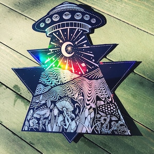 Holographic Out of this World UFO Alien Mountain Mushroom Crystal -  Extra Large 5.5” sticker