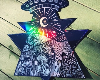 Holographic Out of this World UFO Alien Mountain Mushroom Crystal -  Extra Large 5.5” sticker