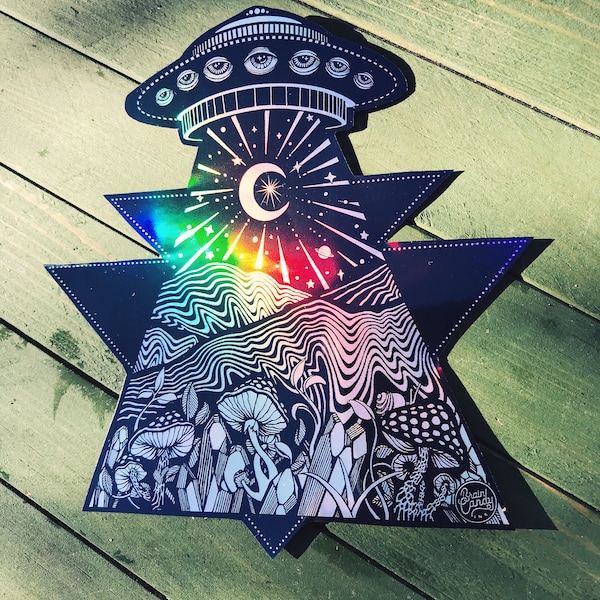 Holographic Out of this World UFO Alien Mountain Mushroom Crystal -  Extra Large 5.5” sticker