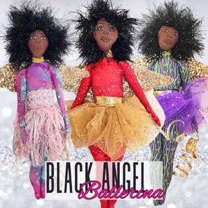 Black Angel Doll | Handmade African American  Angel |  Cloth  Doll Angel with Gold Tutu | Ballerina Angel