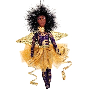 Purple Black Angel Doll | Handmade African American  Angel |  Cloth  Doll Angel with Gold Tutu | Ballerina Angel