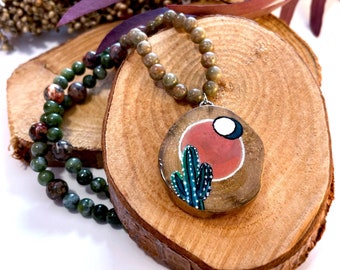 Cactus Necklace, Beaded Necklace, Stone Beads, Hippie Necklace, Wooden Pendant, Canadian Jade, Red Leopard Jasper