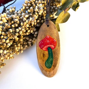 Red Capped Mushroom Necklace, Mushroom Necklace, Shroom Pendant, Wooden Pendant, Hippie Necklace, Fly Agaric Necklace, Hand Painted Pendant image 4